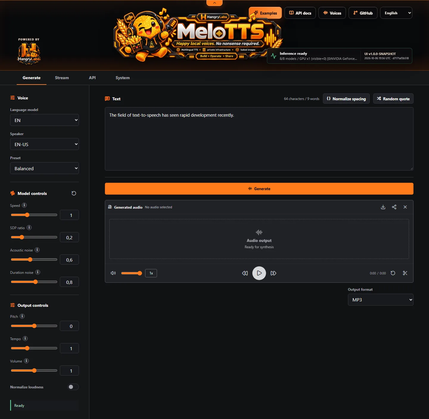 MeloTTS browser workspace showing multilingual generation, model, and output controls