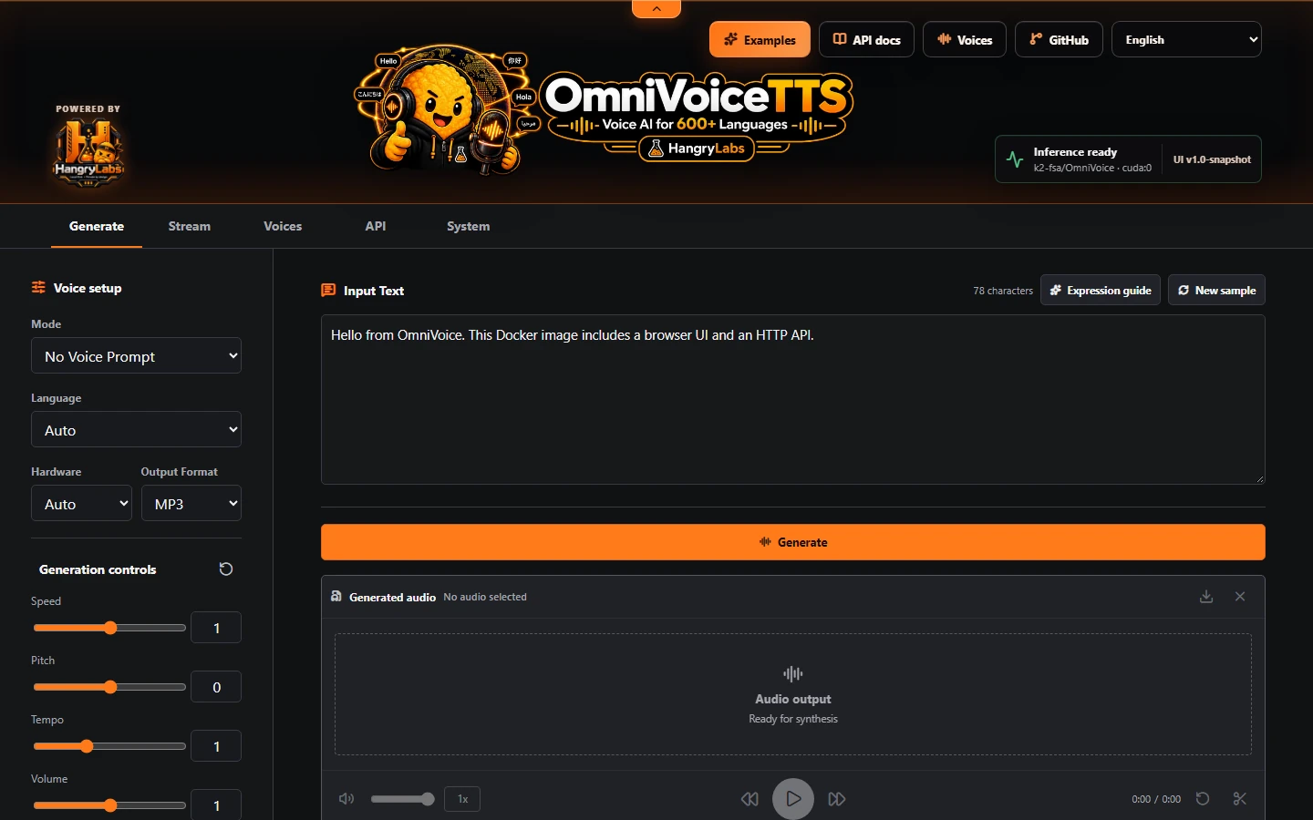 OmniVoiceTTS browser interface showing local speech generation and runtime controls