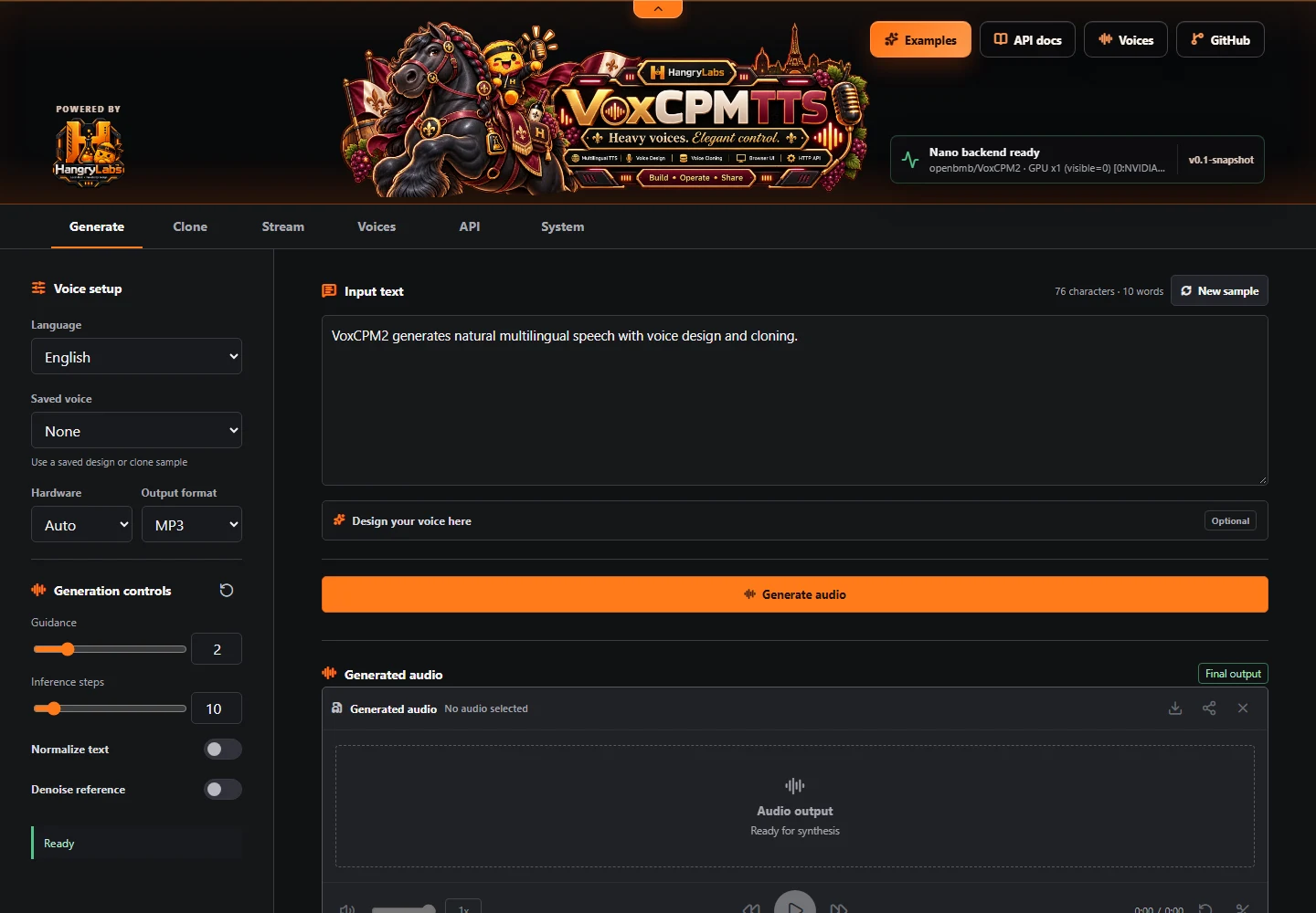 VoxCPMTTS browser interface showing multilingual generation, voice design, and runtime controls
